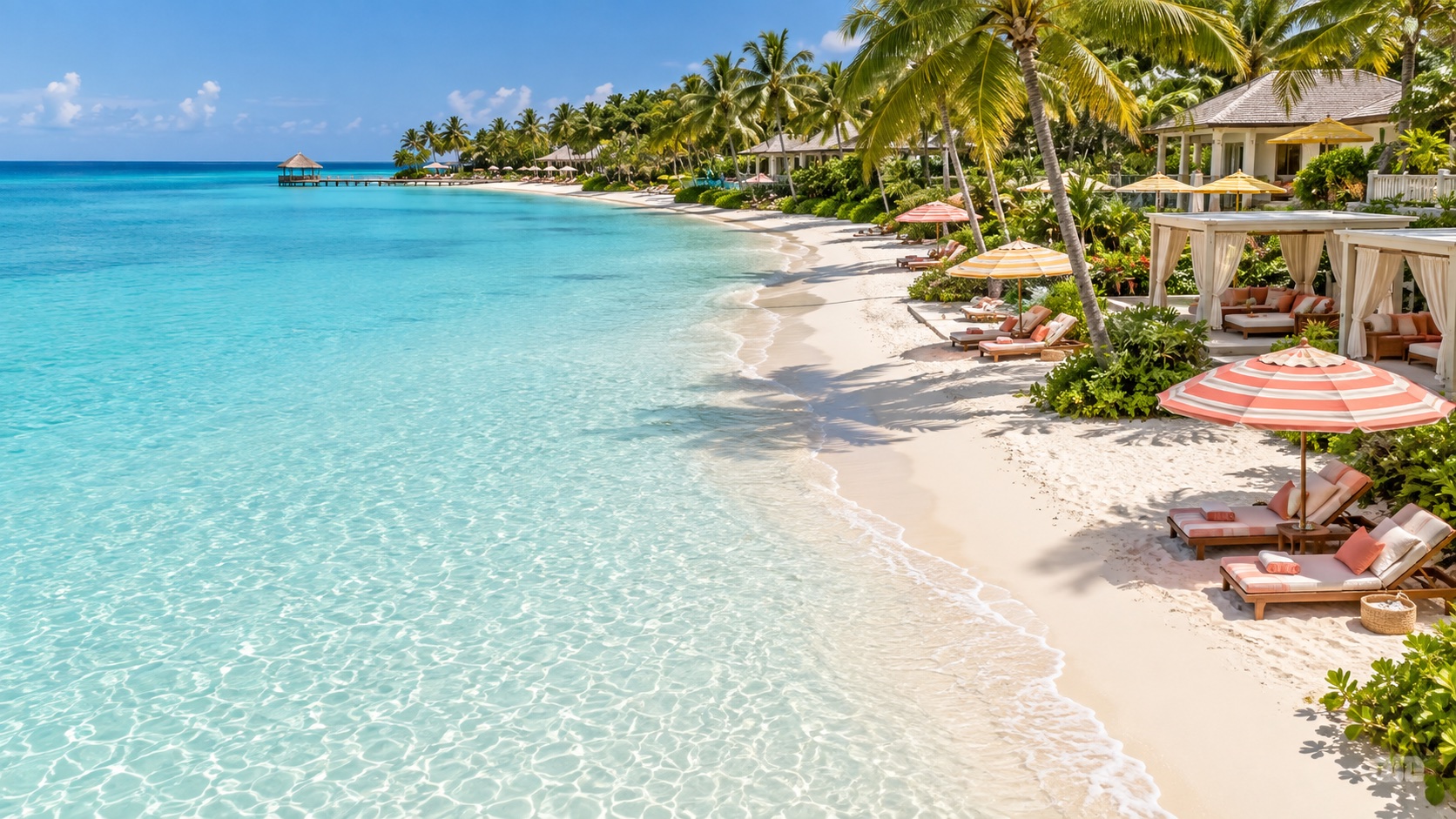 Illustrative Caribbean-style beach with turquoise water, white sand, colourful umbrellas and palm-lined cabanas