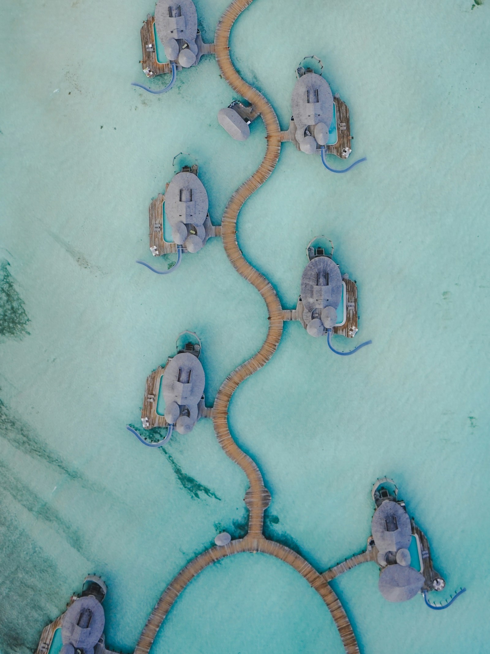 Overwater villas curving into the turquoise lagoon of the Maldives